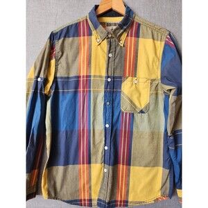 Raw Edge Button Up Shirt Size S Bright Plaid Pearl Snap Logo Skater Grunge